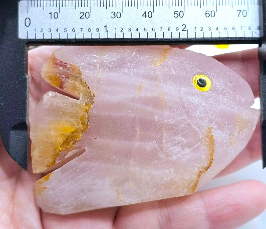 A hand holds a polished pinkish stone fish-shaped object with a yellow eye, shown under a black caliper with a ruler scale at the top for size reference.