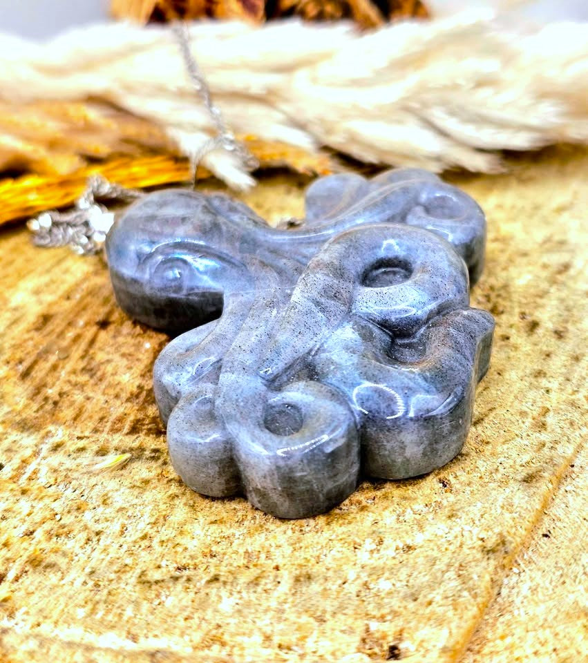 A carved gray stone pendant with a textured, organic shape and a silver-toned chain, displayed on a sandy surface with dried grass in the background.