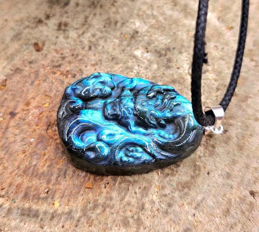 Nature Labradorite Carved Flying Dragon Pendant Necklace