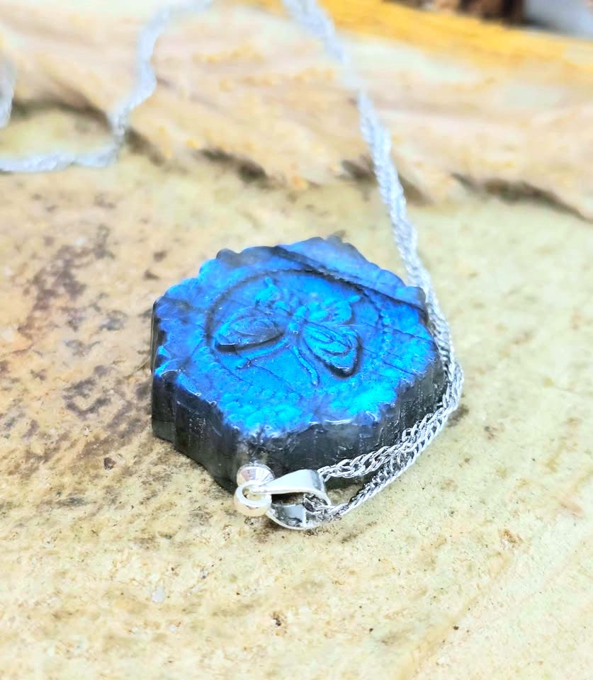 Stone-carved labradorite butterfly crystal necklace, close-up detail — My Aura Gemstones