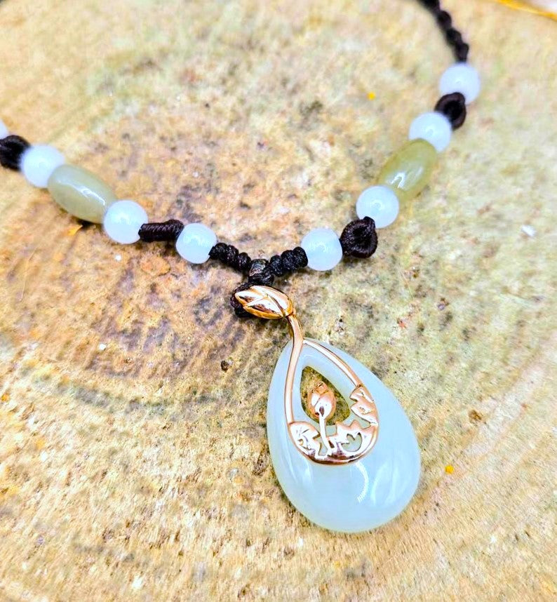 Natural jade teardrop pendant necklace, 10K rose gold lotus frame, photo 3 — My Aura Gemstones
