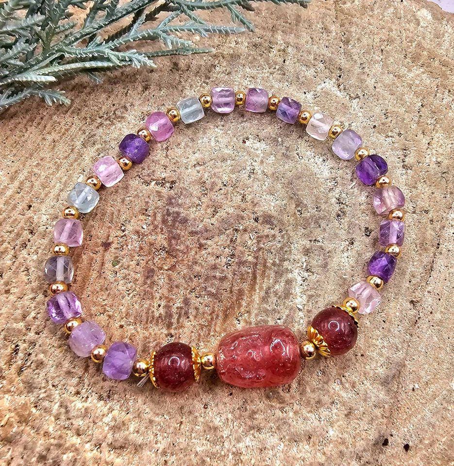 Nature Mixed Colors Fluorite Strawberry Quartz Pi Xiu Bracelet