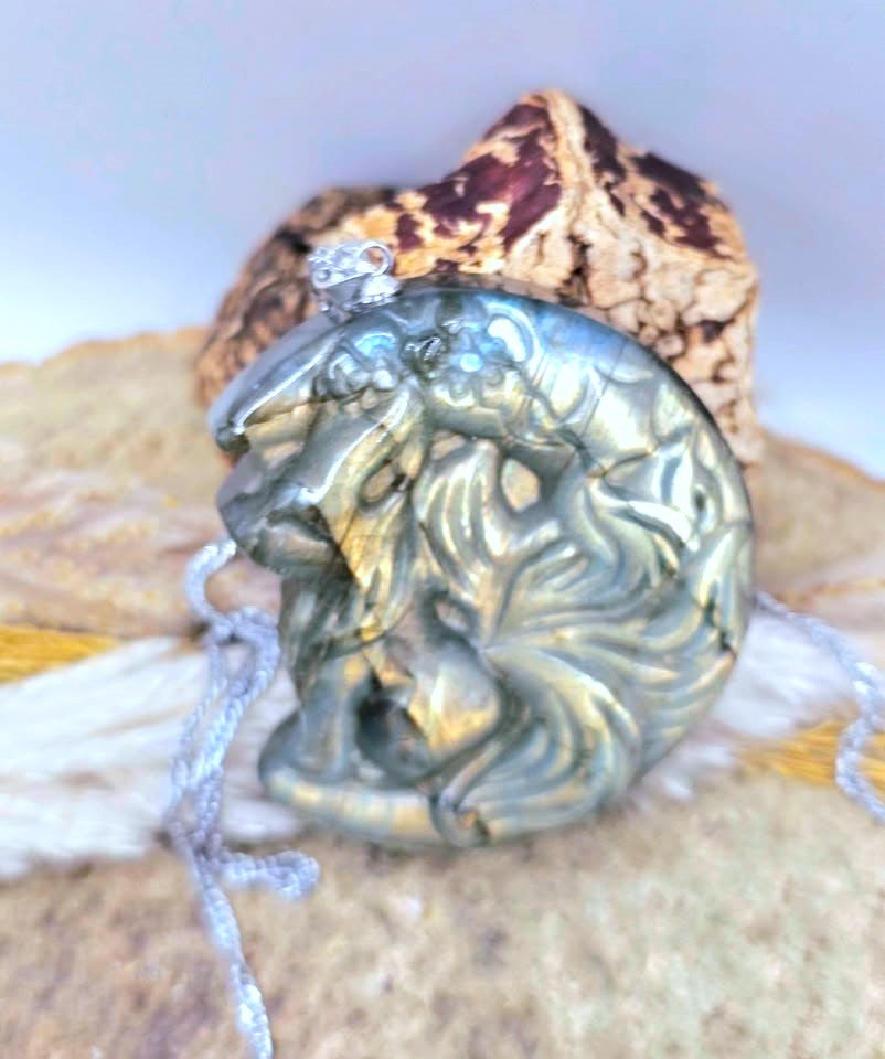 A carved round pendant featuring a lion head profile, with a small clear gemstone at the top and a silver-toned chain, displayed on a textured surface with a shell behind it.