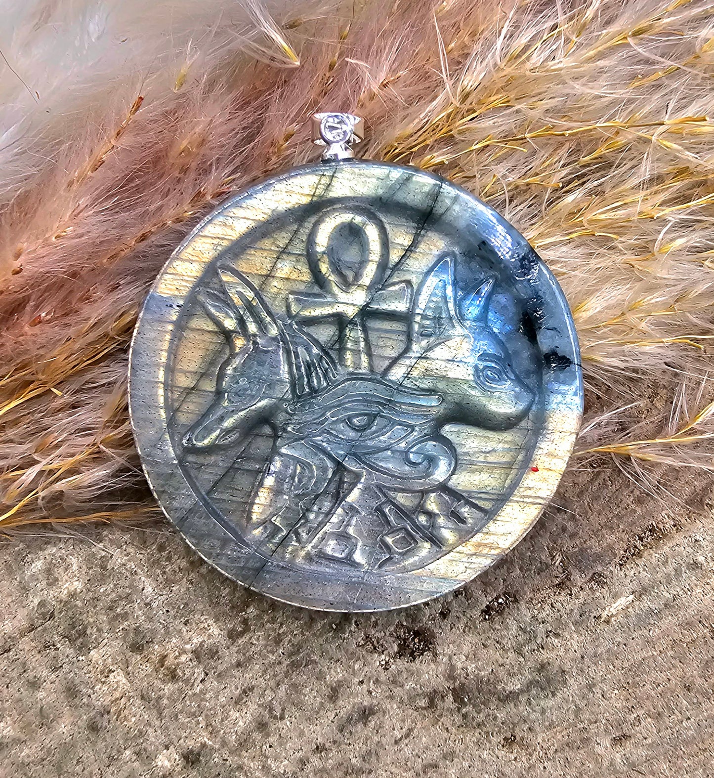 Nature Labradorite Carved Flashy Egyptian Symbols Pendant Necklace