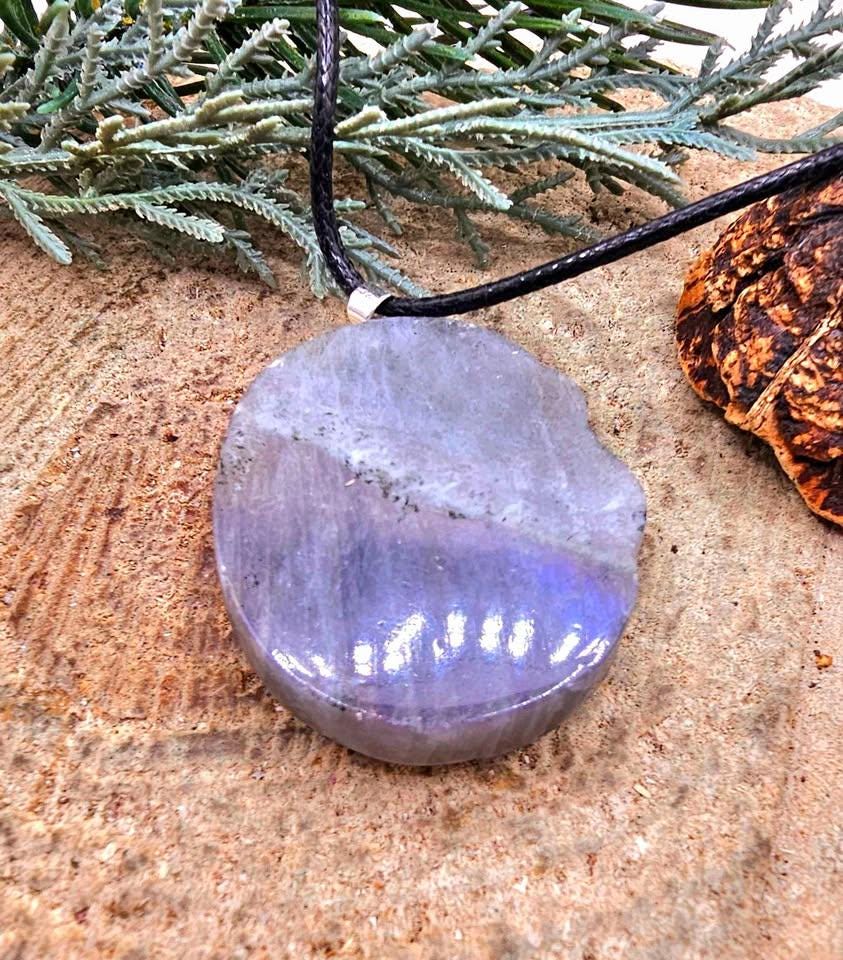 Nature Labradorite Carved Flashy Nine Tails fox On Moon Pendant Necklace