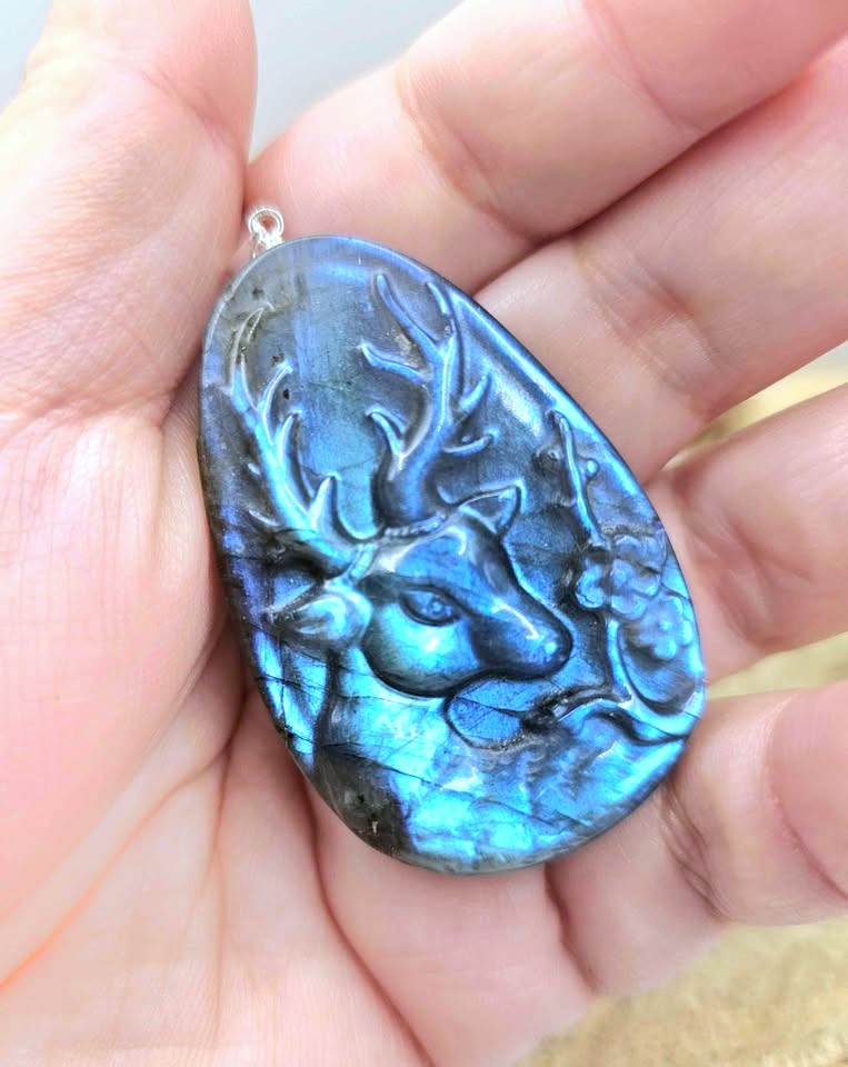 Flashy labradorite deer and cherry blossom carving pendant, natural gemstone necklace — My Aura Gemstones
