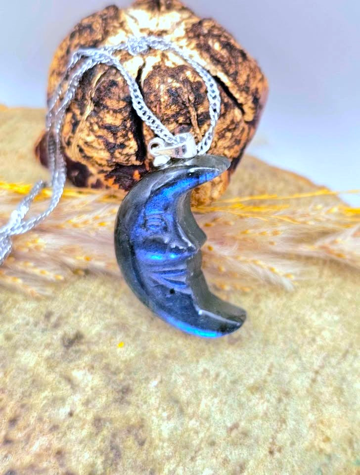 A crescent moon pendant necklace with a dark blue iridescent inlay and a silver-toned chain, displayed on a textured stone surface with dried grass and a decorative rock in the background.