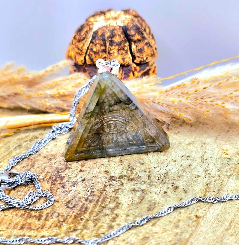 Labradorite Pyramid Pendant with Masonic All‑Seeing Eye • Strong Flash Crystal Necklace • 1.2" Spiritual Jewelry
