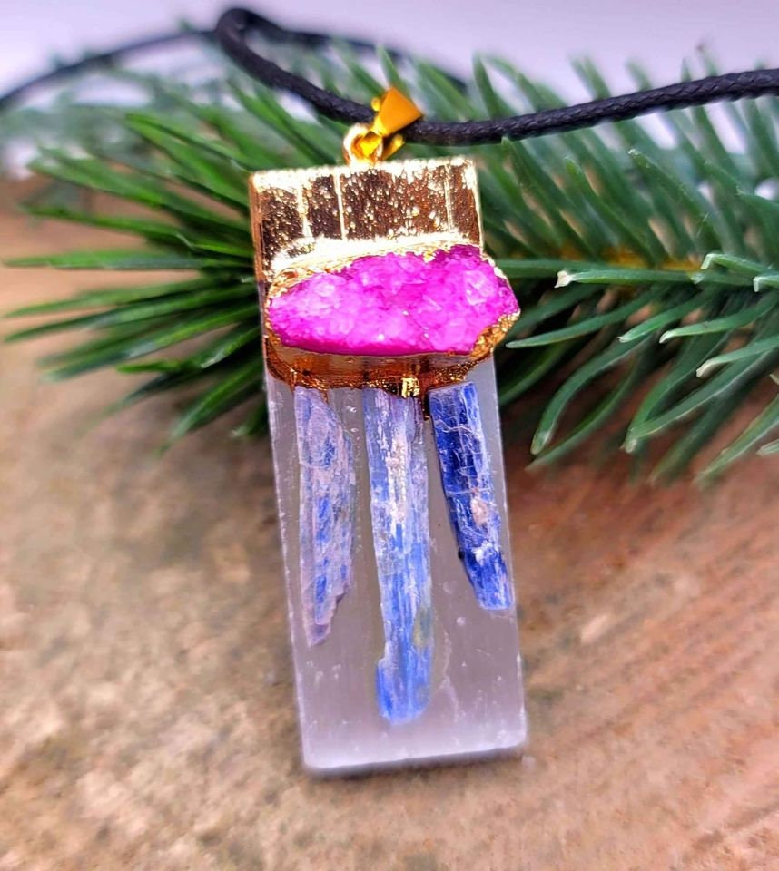 Beautiful Nature Selenite With Kyanite and Pink Geode Gold Cap Pendant Necklace