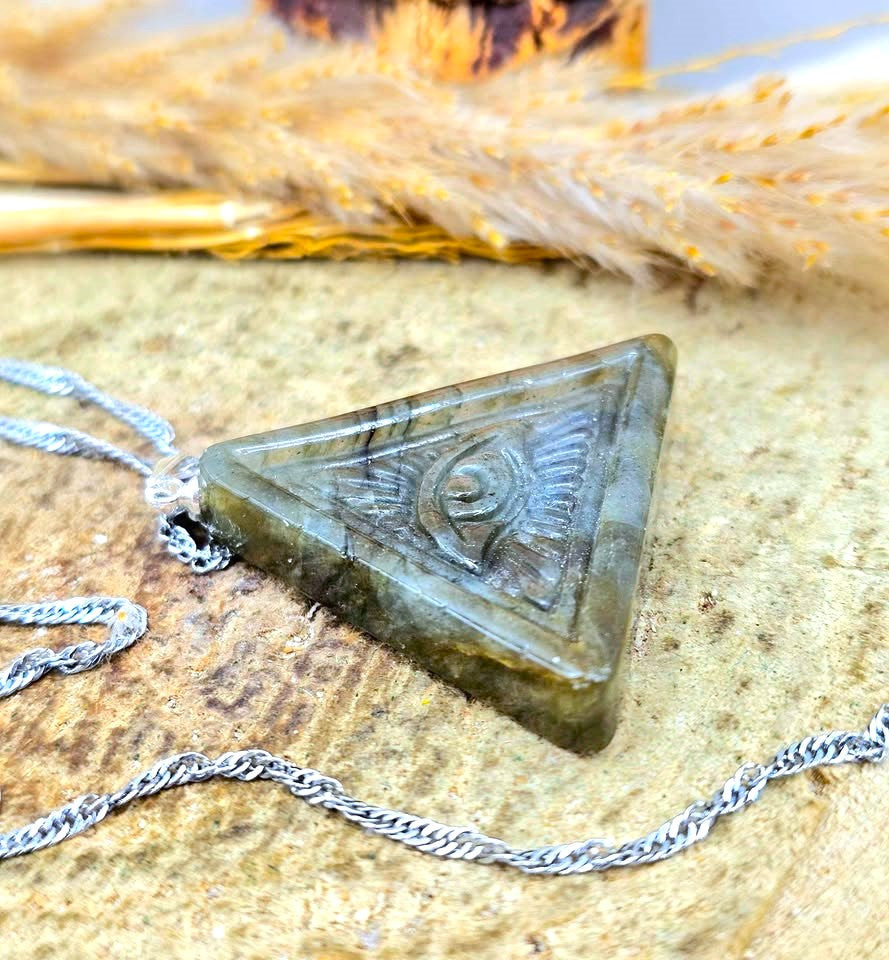 Labradorite Pyramid Pendant with Masonic All‑Seeing Eye • Strong Flash Crystal Necklace • 1.2" Spiritual Jewelry