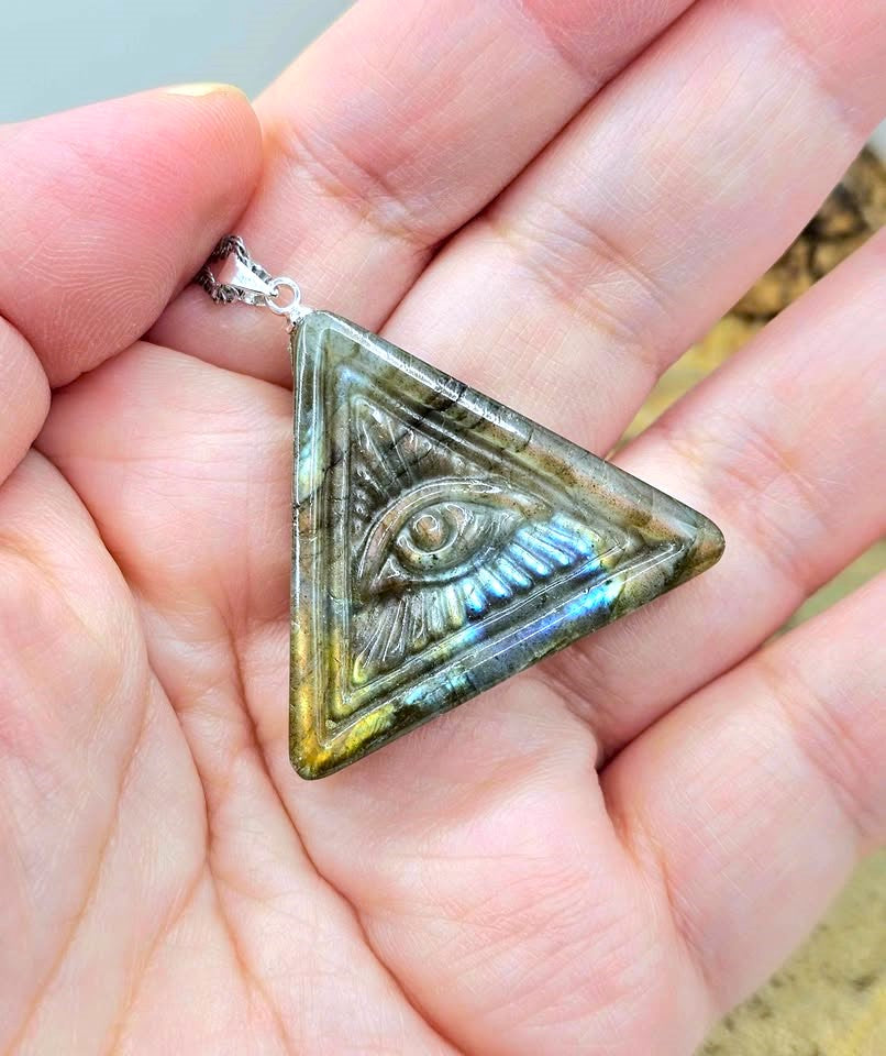 Labradorite Pyramid Pendant with Masonic All‑Seeing Eye • Strong Flash Crystal Necklace • 1.2" Spiritual Jewelry