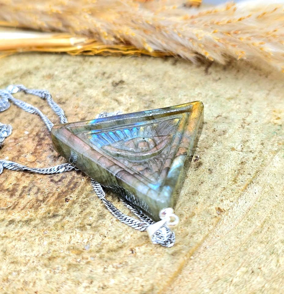 Labradorite Pyramid Pendant with Masonic All‑Seeing Eye • Strong Flash Crystal Necklace • 1.2" Spiritual Jewelry