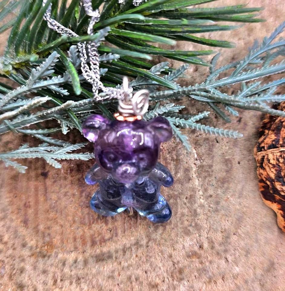 Nature Rainbow Fluorite Carved Bear Pendant Necklace