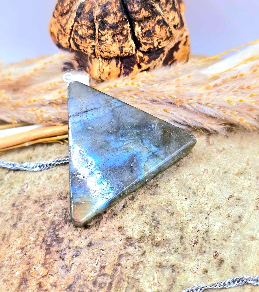 Labradorite Pyramid Pendant with Masonic All‑Seeing Eye • Strong Flash Crystal Necklace • 1.2" Spiritual Jewelry