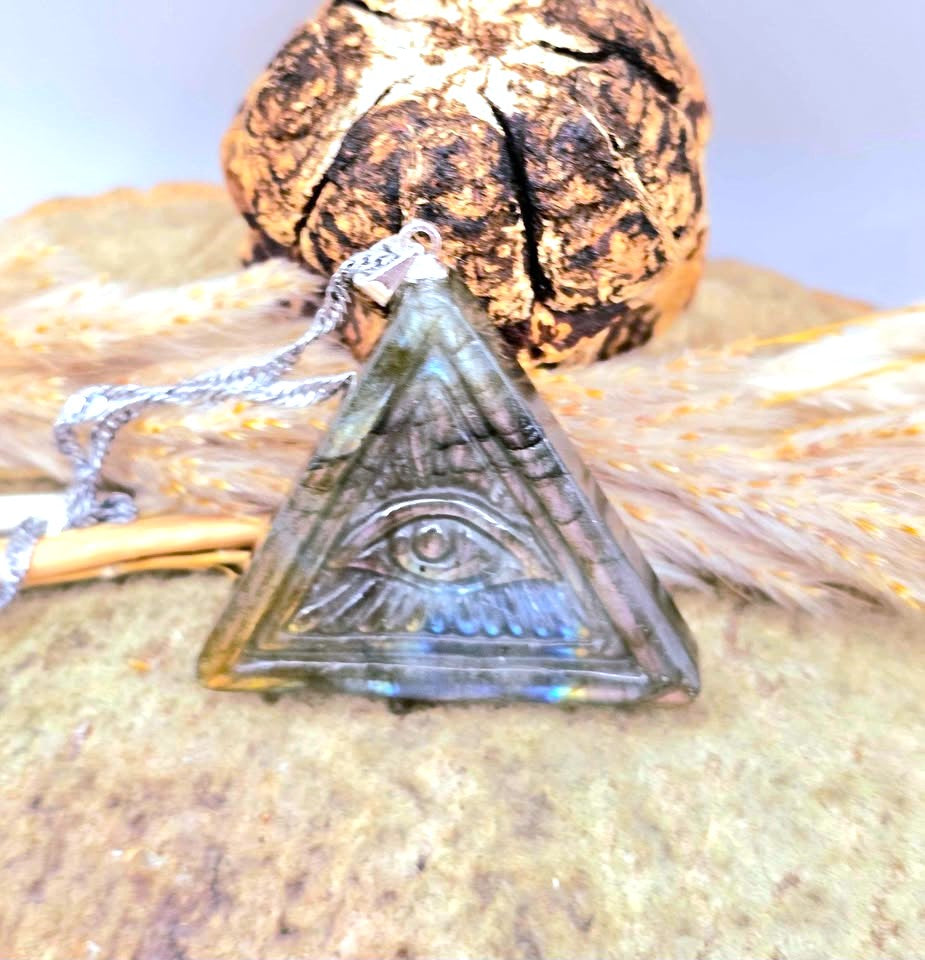 Labradorite Pyramid Pendant with Masonic All‑Seeing Eye • Strong Flash Crystal Necklace • 1.2" Spiritual Jewelry