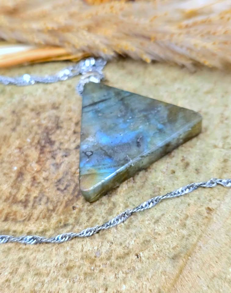 Labradorite Pyramid Pendant with Masonic All‑Seeing Eye • Strong Flash Crystal Necklace • 1.2" Spiritual Jewelry