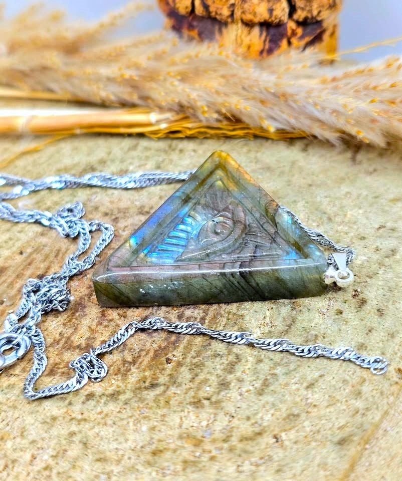 Labradorite Pyramid Pendant with Masonic All‑Seeing Eye • Strong Flash Crystal Necklace • 1.2" Spiritual Jewelry