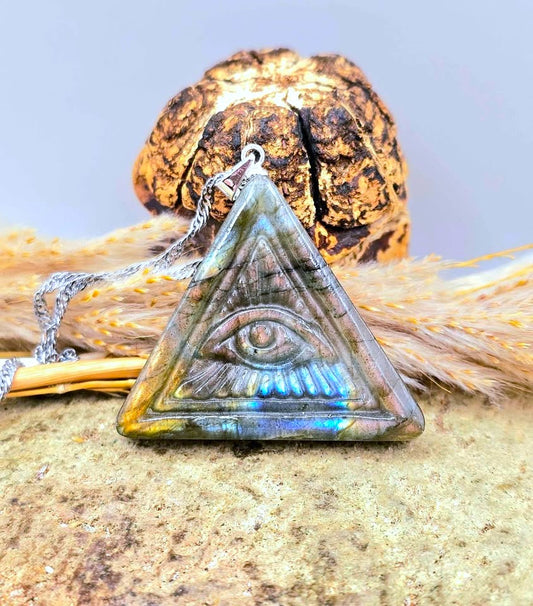 Labradorite Pyramid Pendant with Masonic All‑Seeing Eye • Strong Flash Crystal Necklace • 1.2" Spiritual Jewelry