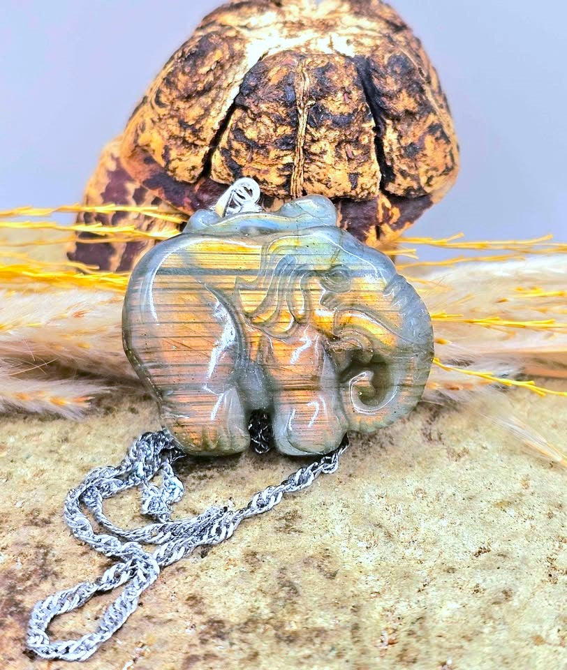A carved elephant pendant necklace made of iridescent tiger's eye, resting on a textured stone surface with dried grass and a large rock in the background. The pendant features a silver-toned metal bail and hangs from a silver link chain.