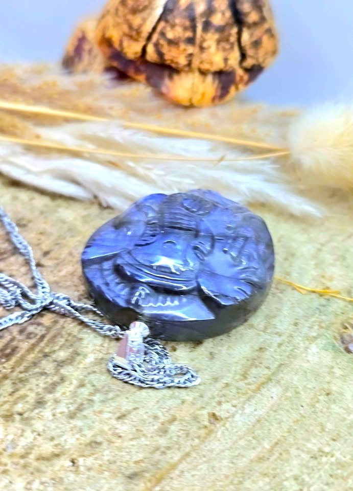 A carved dark blue pendant necklace with a silver chain, displayed on a textured beige surface with dried grass and a decorative object in the background.