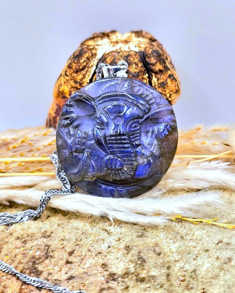 A round carved blue flash natural labradorite pendant necklace with a silver-toned chain, displayed on a textured stone surface with dried grass and a small decorative object in the background.