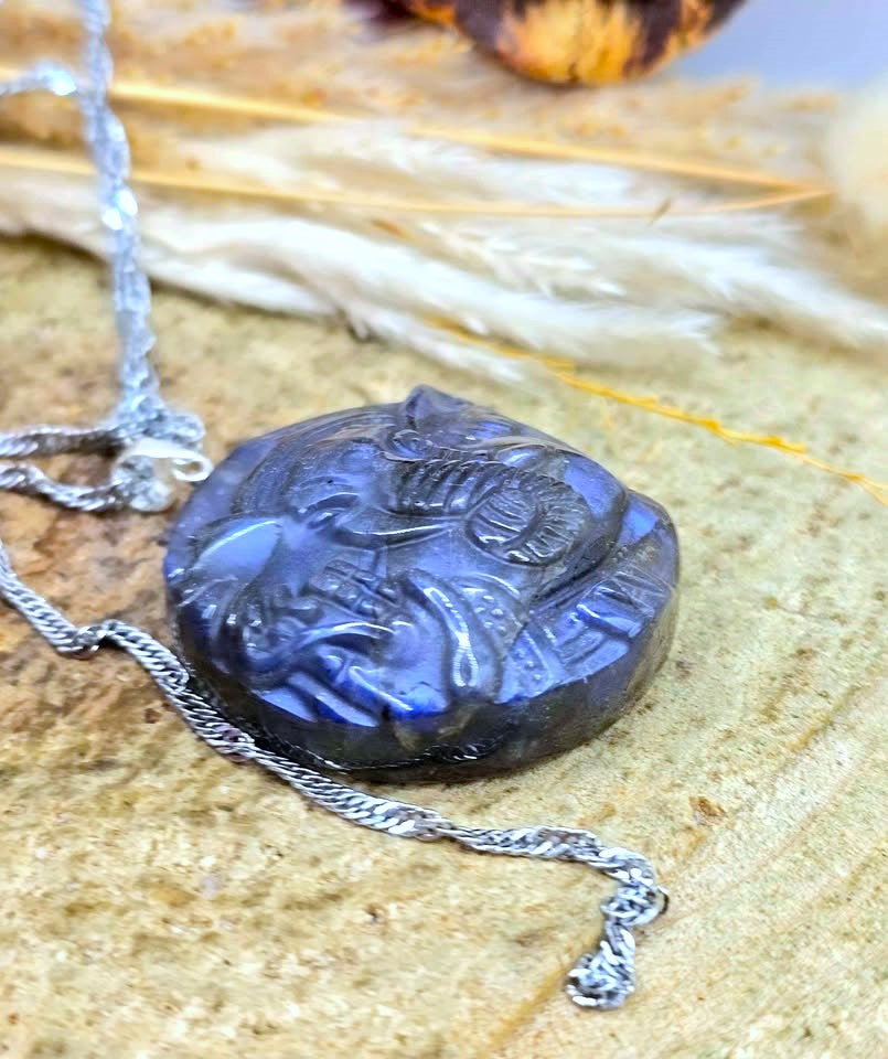 A polished dark blue carved pendant necklace with a silver chain, displayed on a textured beige stone surface with dried grass in the background.