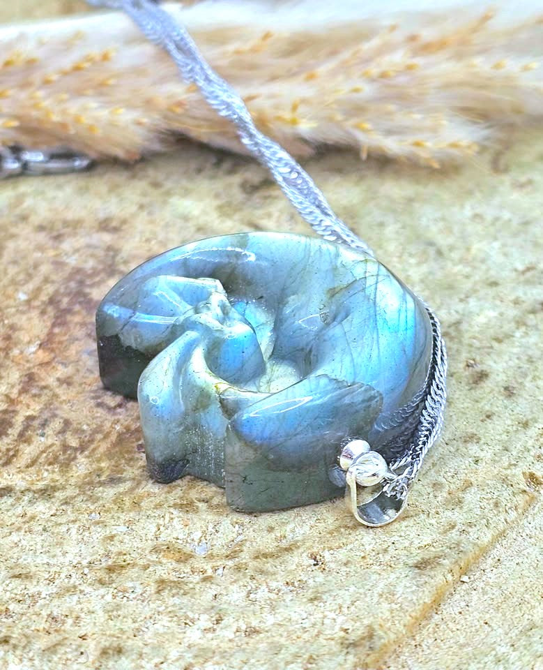 A silver necklace with a carved labradorite pendant, resting on a textured stone surface with dried grass in the background.