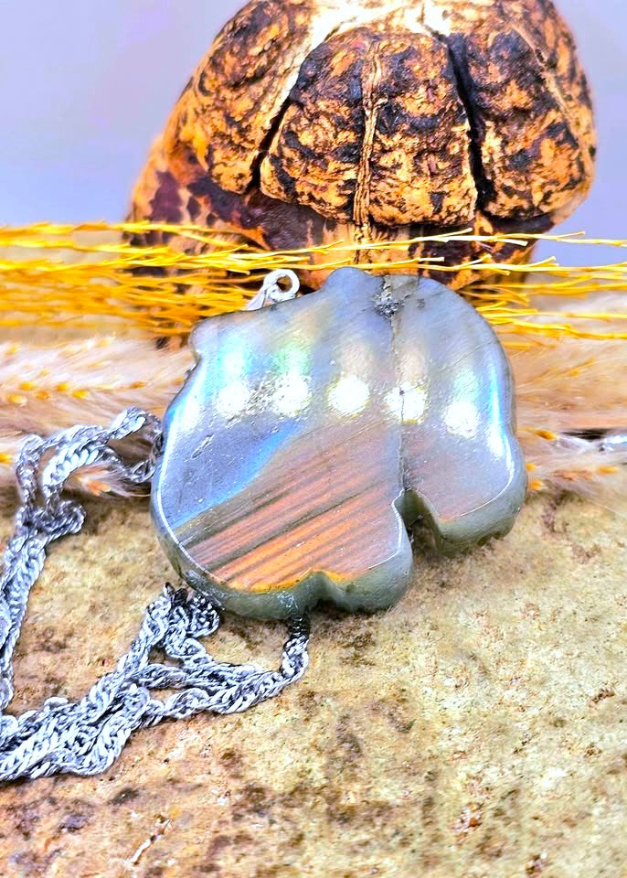A close-up of an iridescent pendant necklace with a silver chain, resting on a textured stone surface with dried grass and a brown decorative object in the background.