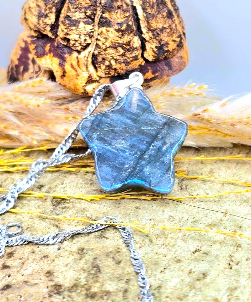A star-shaped pendant necklace with a polished dark blue and black stone, hanging from a silver-toned chain, styled on a textured surface with dried grass and a decorative object in the background.
