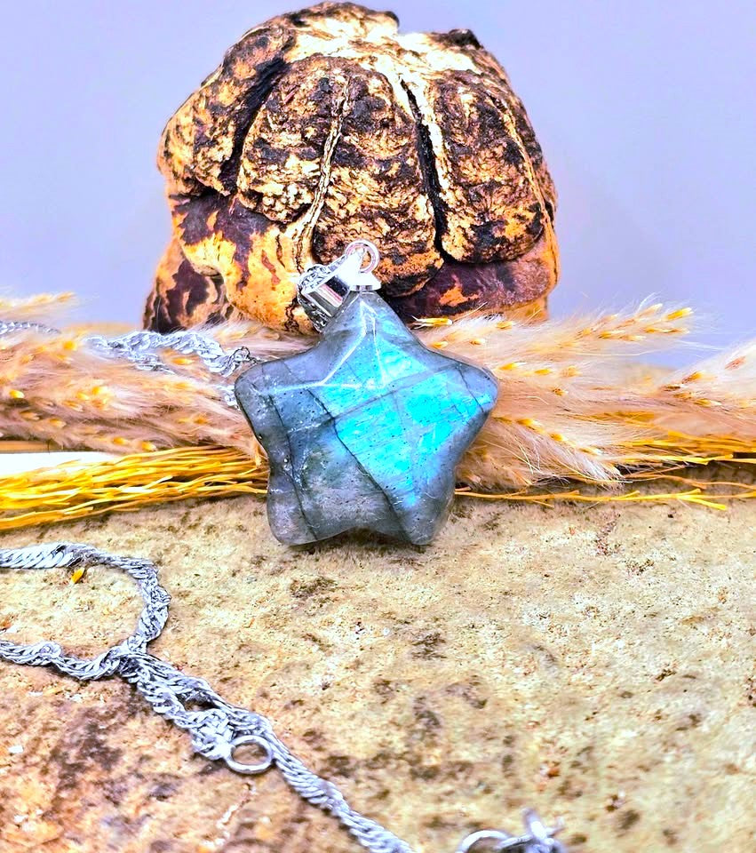 A star-shaped pendant with a blue-green iridescent stone set in silver, displayed on a textured surface with dried grass and a rustic brown decorative object in the background.