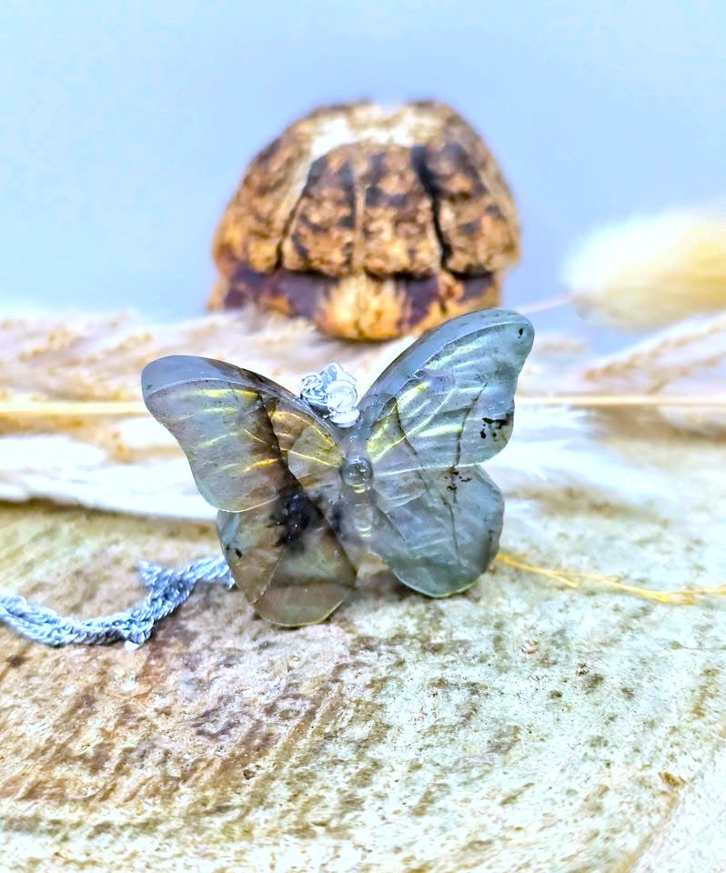 A butterfly-shaped pendant with iridescent gray-green wings and a silver-toned setting, resting on a textured stone surface with dried grass and a small shell in the background.