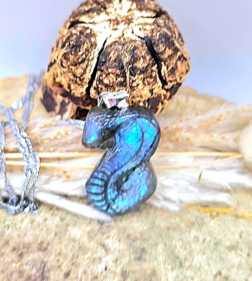 A silver-toned necklace with a seahorse-shaped pendant made from iridescent blue-green material, displayed on a sandy surface with dried grass and a textured shell in the background.