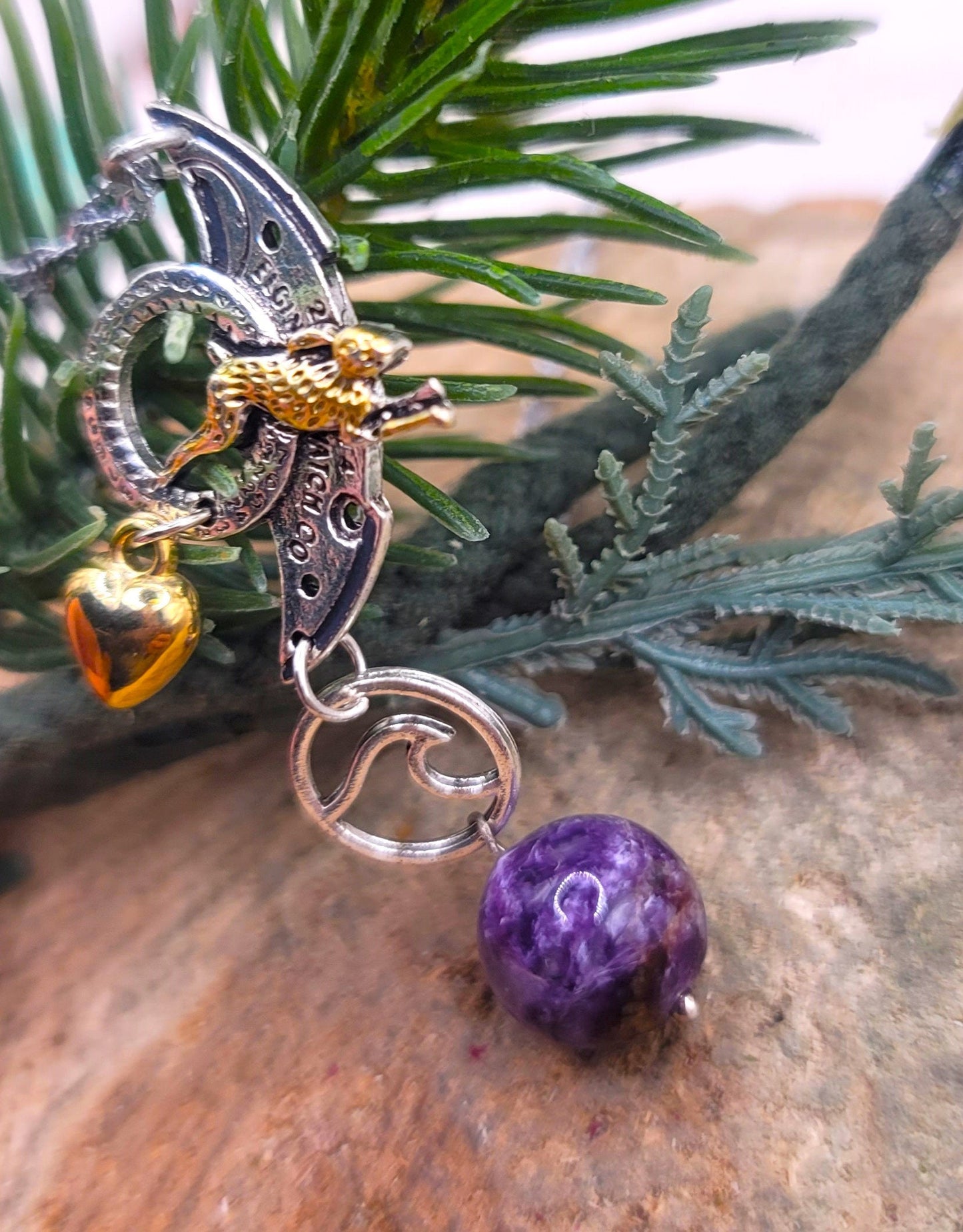 Nature Purple Charoite With Flying Rabbit Charm Pendant Necklace