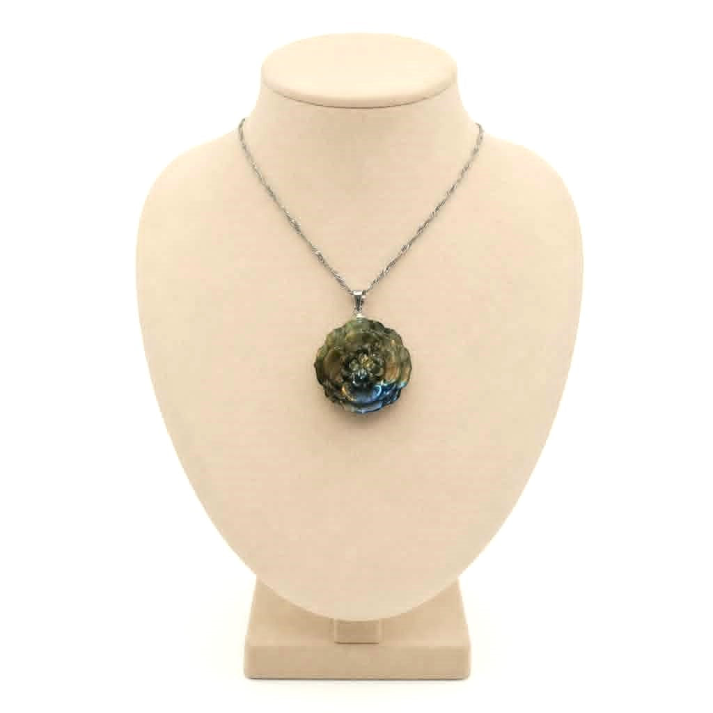Natural labradorite flashy floral pendant necklace side view — My Aura Gemstones