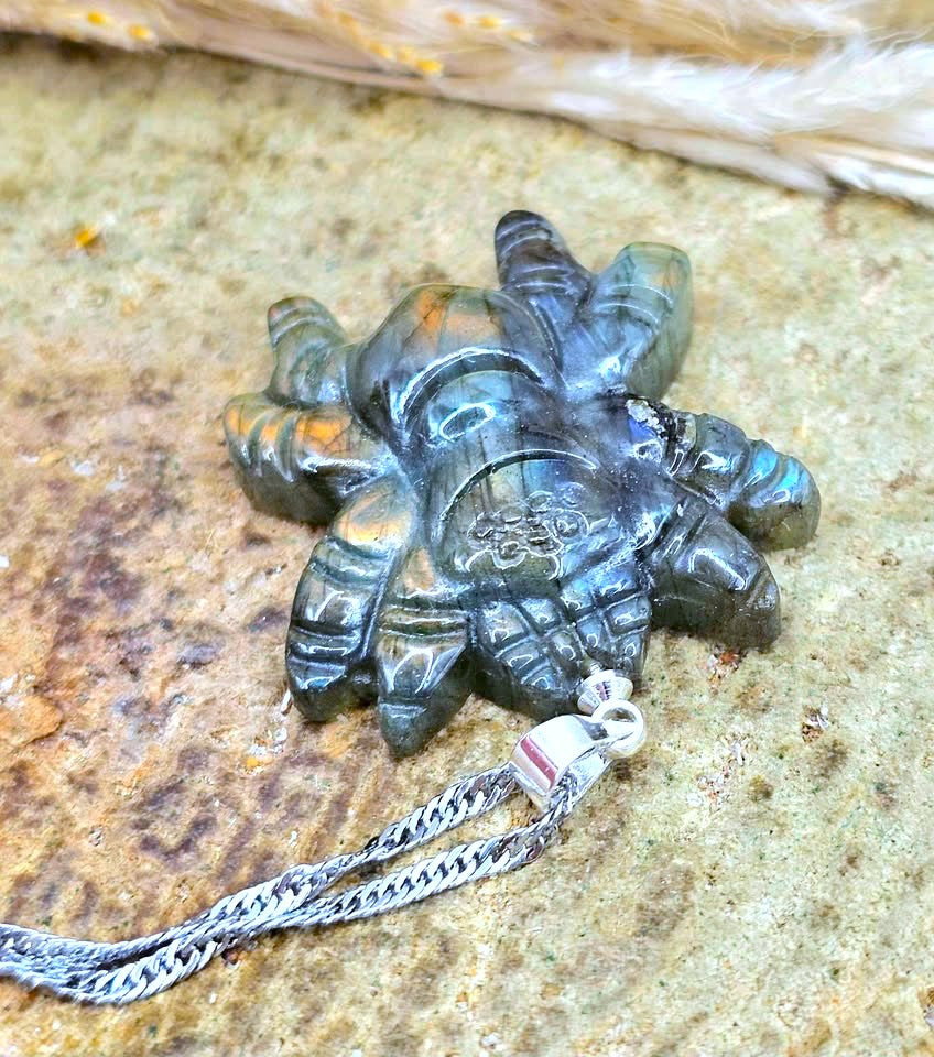A carved stone pendant with a silver chain, photographed on a textured stone surface with dried grass in the background.