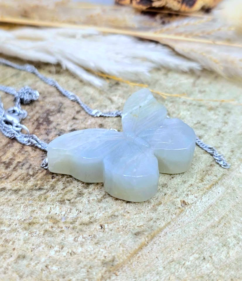 Labradorite butterfly pendant necklace, close-up of carving — My Aura Gemstones