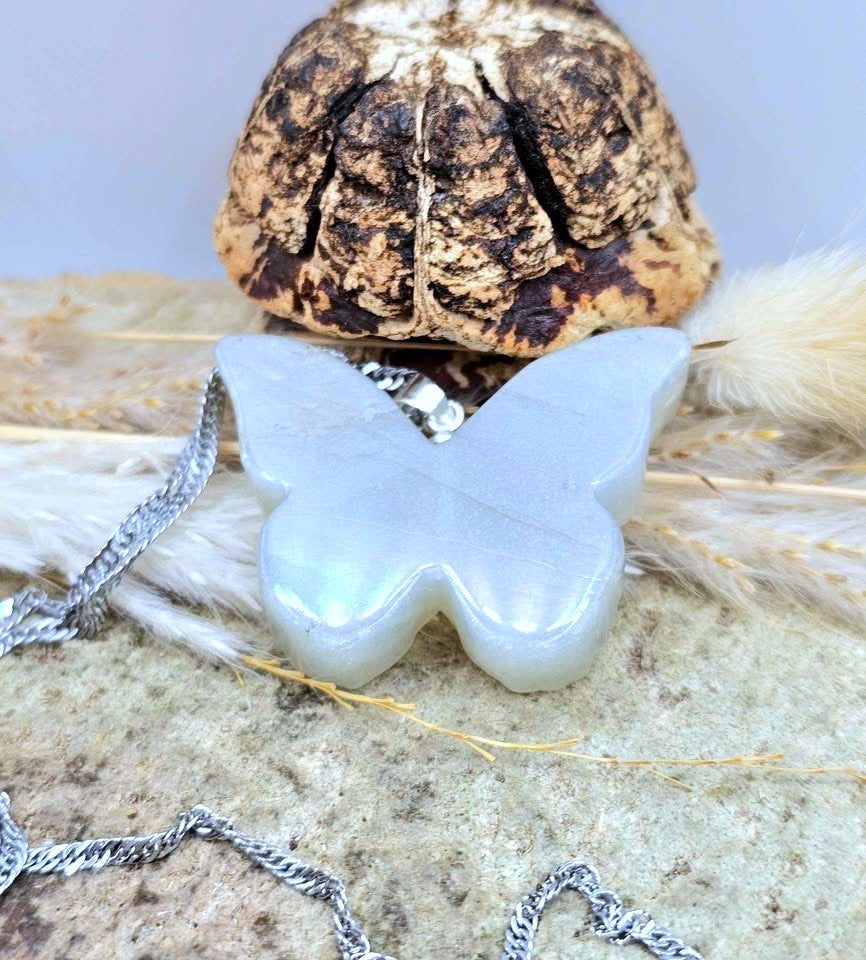 Carved butterfly gemstone pendant with chain, labradorite or moonstone — My Aura Gemstones