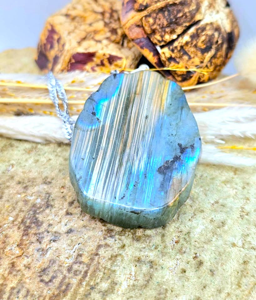 A raw, polished labradorite gemstone pendant with a silver chain, resting on a textured stone surface with dried botanicals in the background.