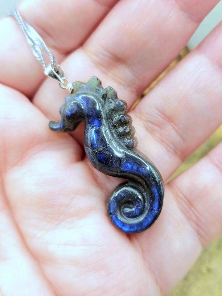A close-up of a hand holding a small seahorse-shaped pendant necklace. The pendant appears to be made of dark stone or resin with vivid blue inclusions or glaze, attached to a silver-toned chain.