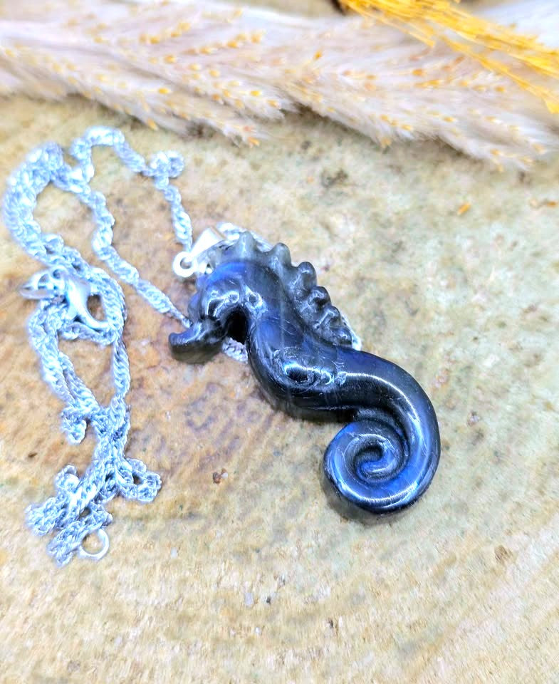 A dark blue seahorse pendant necklace with a silver-toned chain, displayed on a textured beige surface with dried grass in the background.