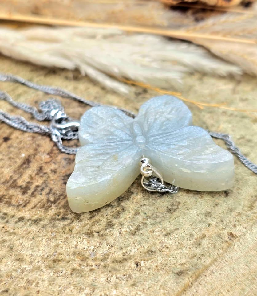 Moonstone butterfly pendant necklace, carved crystal jewelry — My Aura Gemstones