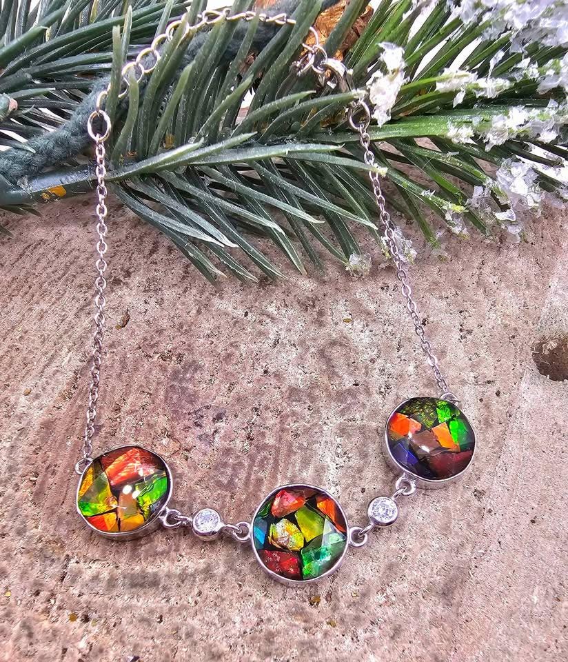 Nature Rainbow Flashy Ammolite Inlay 925 Bracelet