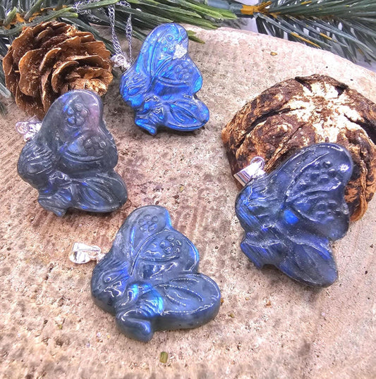 Nature Labradorite Carved Flashy Sleeping Butterfly Fairy Pendant Necklace
