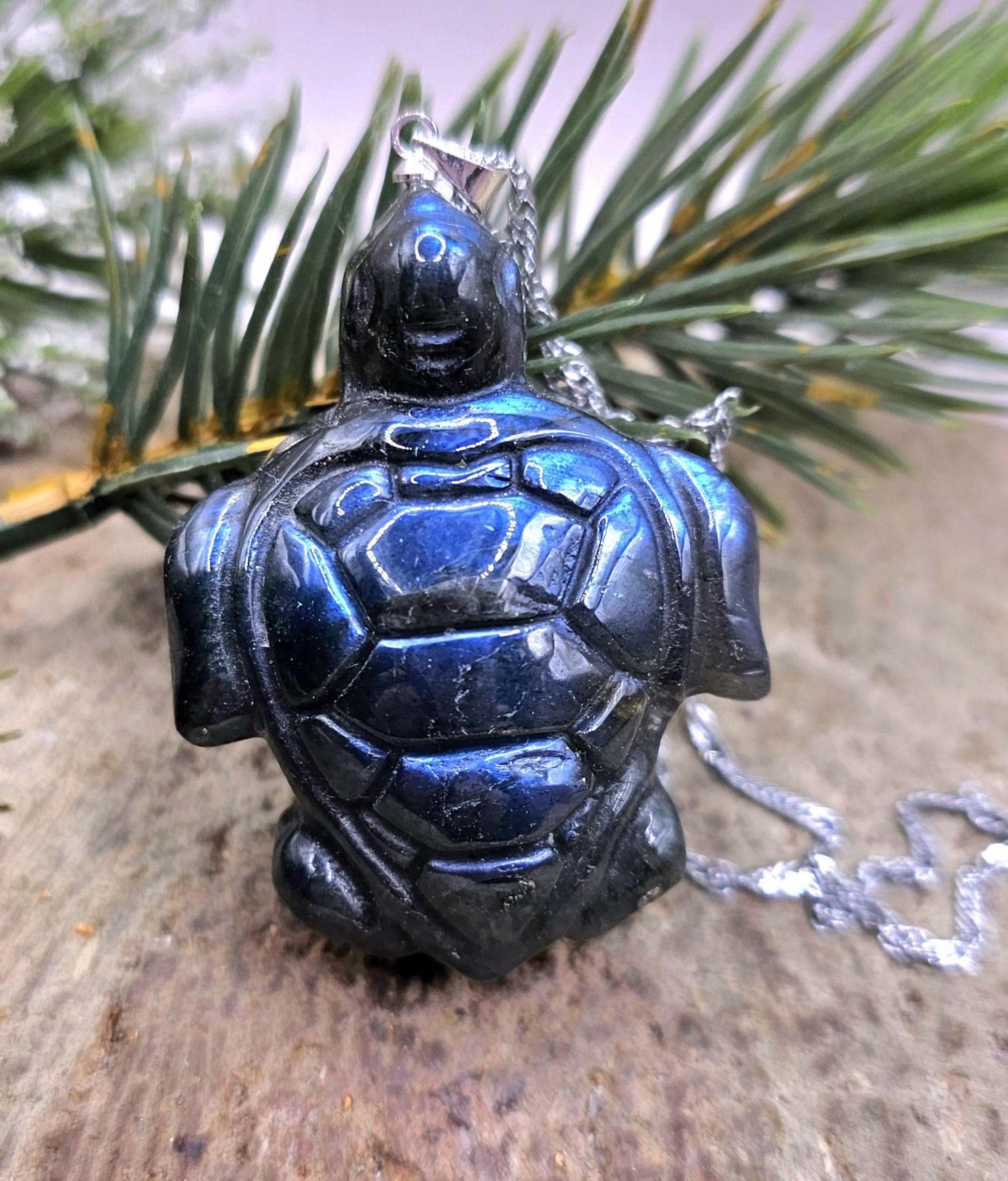 Nature Labradorite Carved Big Sea Turtle  Pendant Necklace