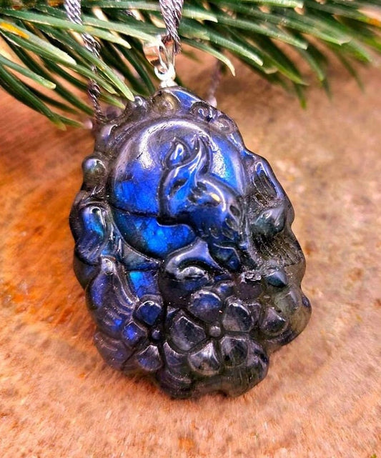 Beautiful Nature Labradorite Nine Tails Fox Cherry Blossom Pendant Necklace