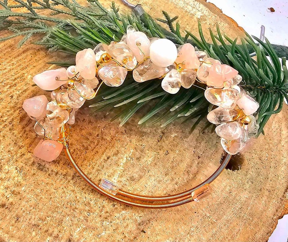 Beautiful Nature Rose Quartz White Crystals Chips Wire Wrapped Open Bangle