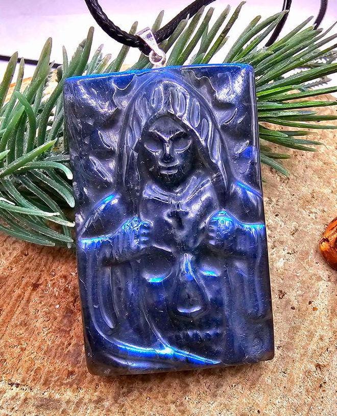 Nature Labradorite Carved Flashy Hidden Evil Monk Pendant Necklace