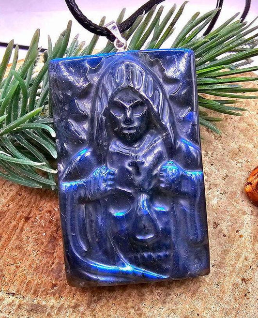 Nature Labradorite Carved Flashy Hidden Evil Monk Pendant Necklace