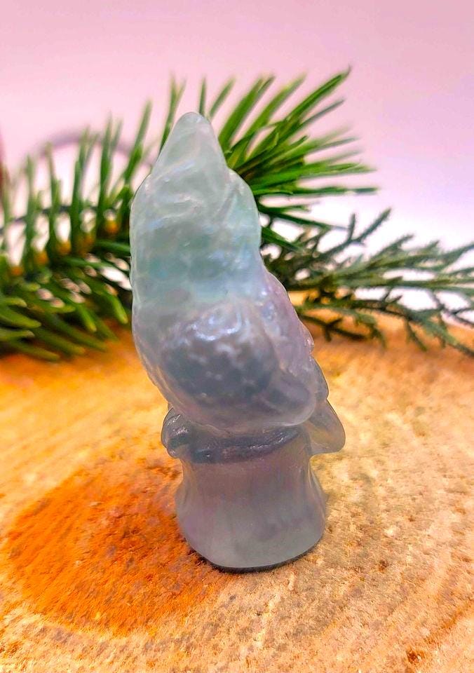 Beautiful Nature Rainbow Fluorite Hand Carved Woodpecker On Tree Stump Figure