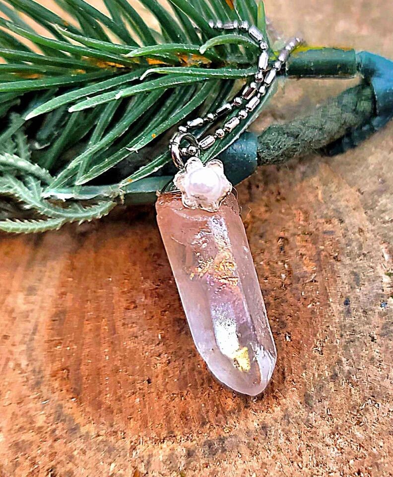 Beautiful Rainbow Aura Nature Crystal Point With Flower Pendant Necklace
